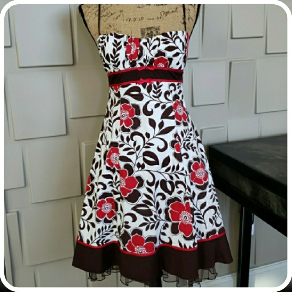 Ruby Rox dress sundress brown white red floral spaghetti strap full skirt Size 9 - Picture 1 of 4